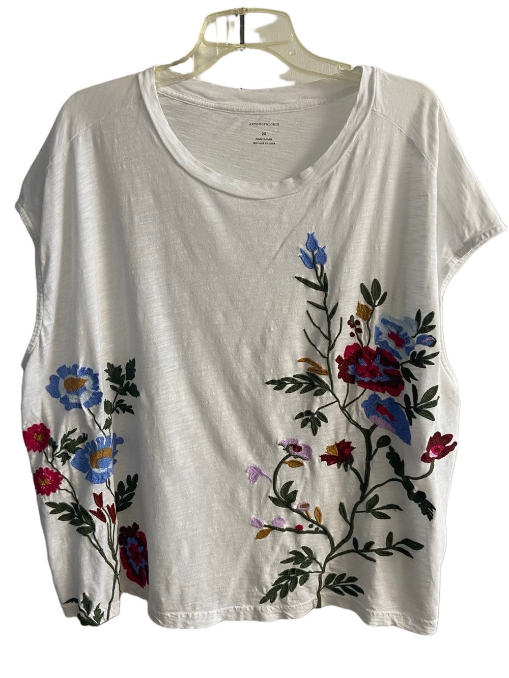 Anthropologie White Tee with Multicolor Floral Embroidery 2X